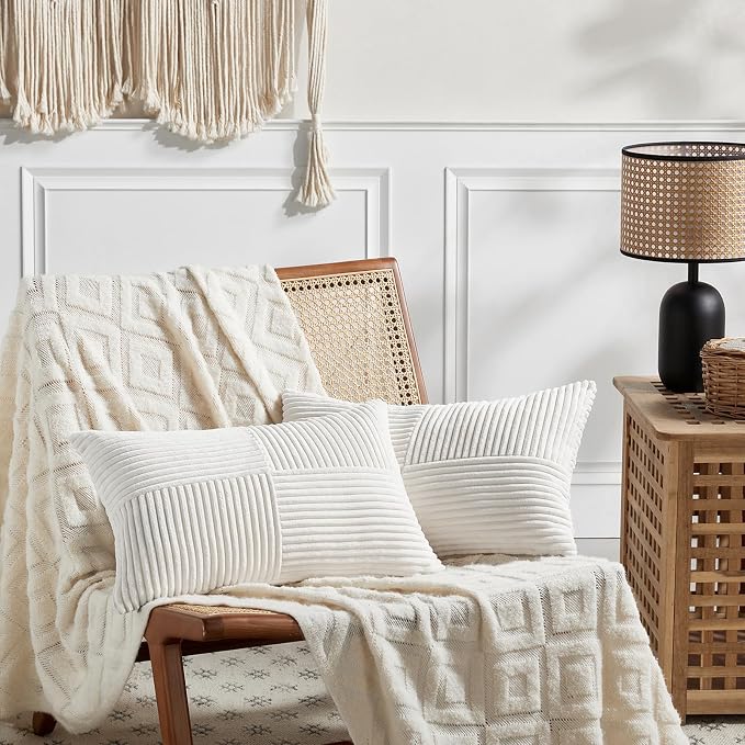Fancy Homi Cream White Lumbar Decorative Throw Pillow Covers 12x20 Inch for Living Room Couch Bed Sofa, Rustic Farmhouse Boho Home Decor, Soft Striped Corduroy Rectangle Accent Cushion Case 30x50 cm