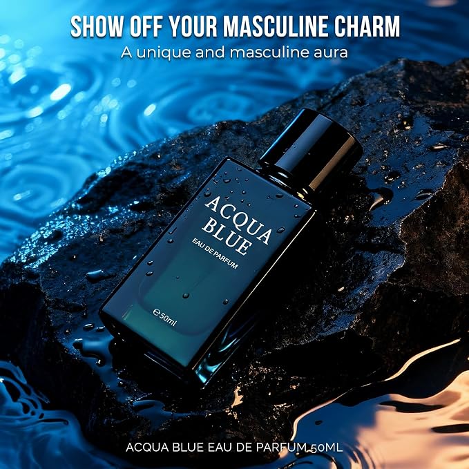 Acqua Blue Eau de Parfum for Men, 50ml Fresh Woody Fougere Cologne with Lemon, Mint & Pink Pepper Notes, Long-Lasting Clean Masculine Fragrance for Office, Daily Wear & Gifts
