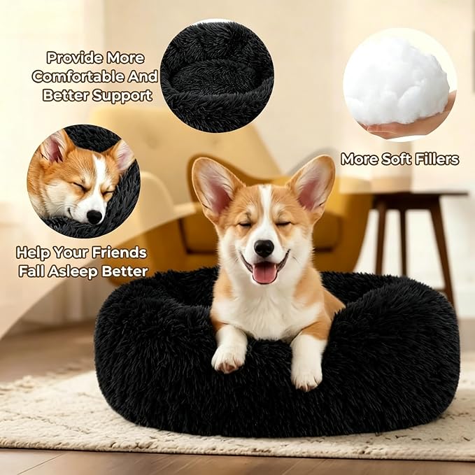 Calming Donut Dog and Cat Bed for Indoor Cats, Anti-Anxiety Round Fluffy Soft Washable Small Pet Bed for Puppy and Kitten, Warming Comfortable Luxury Anti-Slip Waterproof Mute Base 20in Black