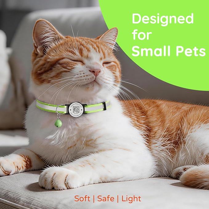 Breakaway Cat Collar QR Code, Reflective Bell, Adjustable Kitten, Green