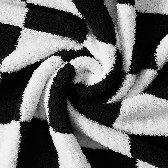 Soft Twin Size Checkered Blanket for Bed-Cozy Knitted Blankets | Lightweight Fluffy Warm Decor for Women, Mom, Her & Girls, Sofa, Chair, Couch, 60x80in,Black and White