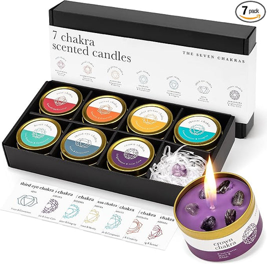 Chakra Candle Box Set of 7 with Crystals Inside | for Aromatherapy, Meditation, Yoga, Reiki and Mindfulness | Gift Box Candles