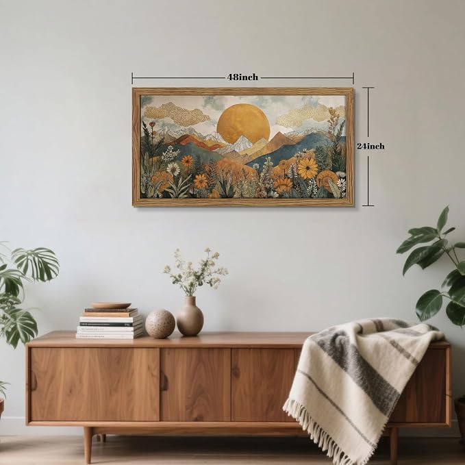Framed Boho Landscape Large Wall Art, Abstract Sun Mountain Canvas Wall Decor Painting, Modern Floral Botanical Aesthetic Poster Print Picture for Living Room Bedroom Home Office 24x48 Inch