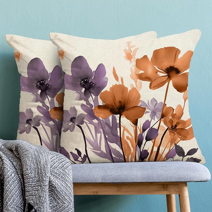 Floral Pillow Covers 18x18 Inches Set of 2 Fall Purple Orange Floral Throw Pillow Covers Outdoor Rustic Summer Flower Decoration Pillowcase Farmhouse Decorative Cushion Cover for Couch Sofa