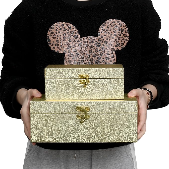 DECOR4SEASON Faux Leather Decorative Storage Boxes Set of 2, Gold | For Keeping Precious Keepsakes, Trinkets, Jewelry And Other Small Items Organized