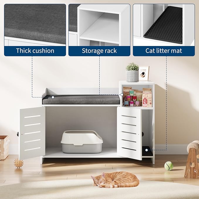 Cat Litter Box Enclosure Furniture, Large Hidden Litter Box Cabinet with Double Door, End Table Cat House with Storage Shelf, Modern Pet Furniture for Living Room, White