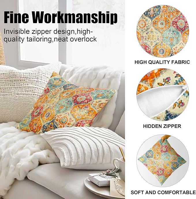 Boho Throw Pillow Covers 26x26 inch Set of 2,Soft Pillowcases Bohemia Carpet Printing Pattern Decorative Sofa Living Room Bed Square Pillow Case Cushion Cover-Cream Color