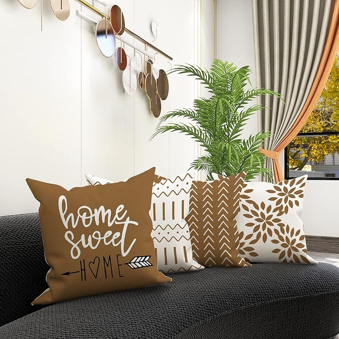 YCOLL Pillow Covers 20x20 Set of 4, Modern Sofa Throw Pillow Cover, Decorative Outdoor Linen Fabric Pillow Case for Couch Bed Car， Light Brown