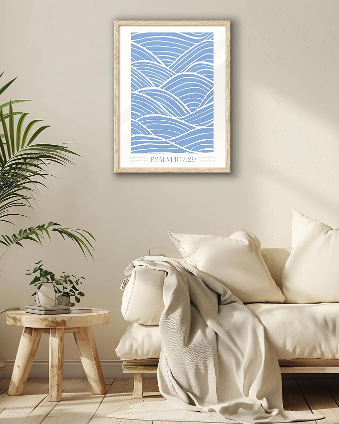 EcoHest 12x16 in Psalm 107:29 Ocean Waves Christian Framed Wall Art | Natural Oak Wood Frame with Canvas Wall Art, Scripture Bible Verse Decor for Bedroom, Living Room, Office, Church, 1Pack