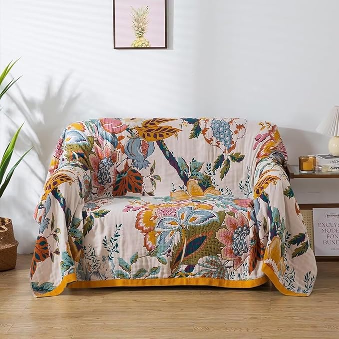 Boho Throw Blanket for Bed 100% Cotton Bohemian Blankets Ultra Soft Woven Muslin Decorative Blankets All Seasons Vintage Quilt Knitted Blanket for Sofa Chair(Beige, 60"x80")
