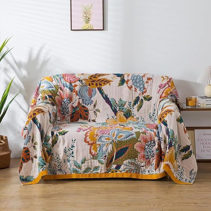 Boho Throw Blanket for Bed 100% Cotton Bohemian Blankets Ultra Soft Woven Muslin Decorative Blankets All Seasons Vintage Quilt Knitted Blanket for Sofa Chair(Beige, 50"x60")