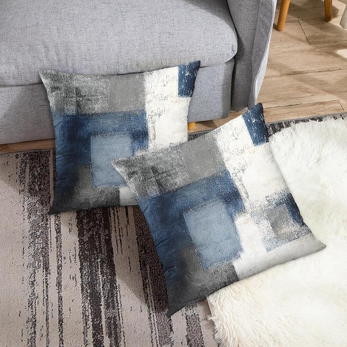 Throw Pillow Covers Set of 2, 16 x 16 Inch, Navy Grey White | Abstract Modern Art Outdoor Decorative Square Pillow Cases Couch Cushion Case for Couch Bed Sofa Living Room Home Decor
