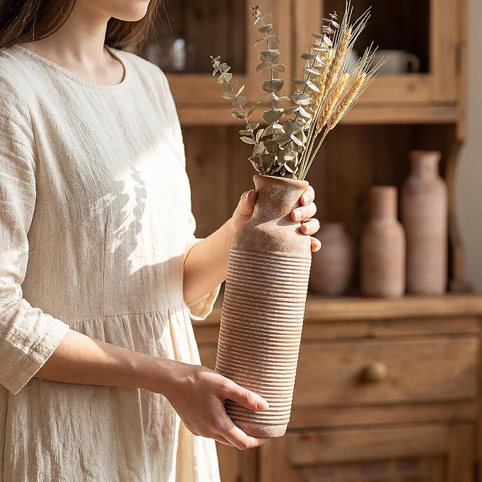 Rustic Farmhouse Vase Set of 3 - Ceramic Decorative Vintage Vases Home Decor - Pampas Grass Dried Fresh Flowers - for Centerpiece, Coffee Table, Mantel Entryway, Living Room, Bedroom (Retro 2)