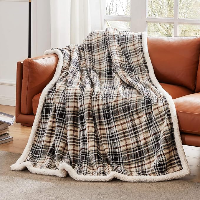 Sherpa Plaid Throw Blanket, 60" X 70"Fuzzy Fluffy Cozy Soft Blanket, Fleece Flannel Plush Twin Size Microfiber Blanket for Couch Bed Sofa (Brown)