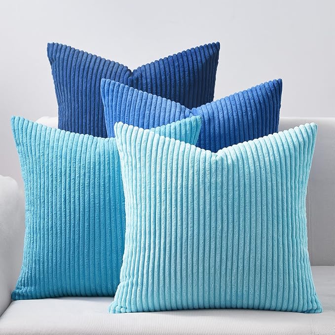 Topfinel Decorative Throw Pillow Covers Aque Teal Blue Series,Summer Corduroy Striped Toss Pillows for Couch,Patio,Balcony,Children Bedroom,Modern Fluffy Blue Gradient Shams 20x20 Inch Set of 4