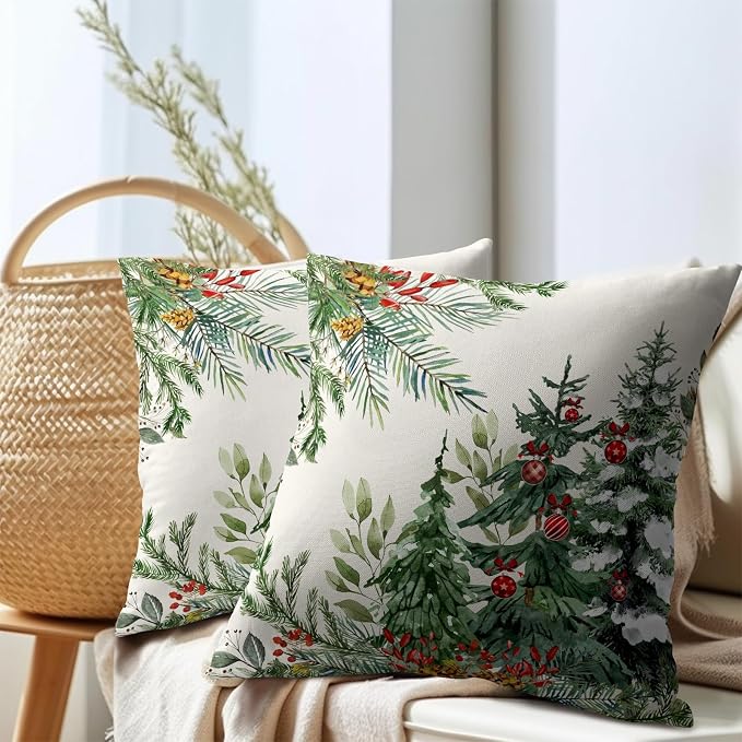 Kawani Christmas Trees Throw Pillow Covers 2pcs,22x22 Farmhouse Green Pine Tree Forest Snow Winter Holiday Cushion Case Decoration Linen Square Pillowcase for Bed Couch Indoor Home Decor