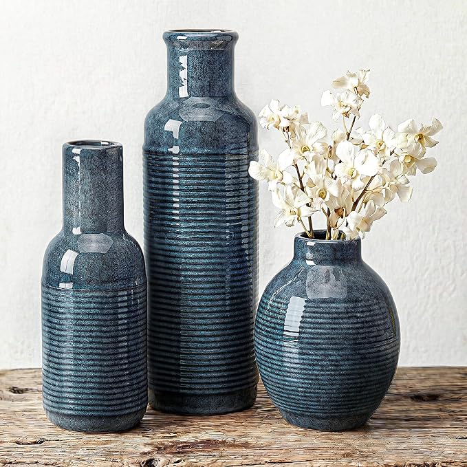 Ceramic Blue Vase Set of 3 - Small Waterproof Vases for Home Décor | blue ceramic vases - Pampas Grass Dried Fresh Flowers - for Centerpiece, Coffee Table, Mantel Entryway, Living Room, Bedroom