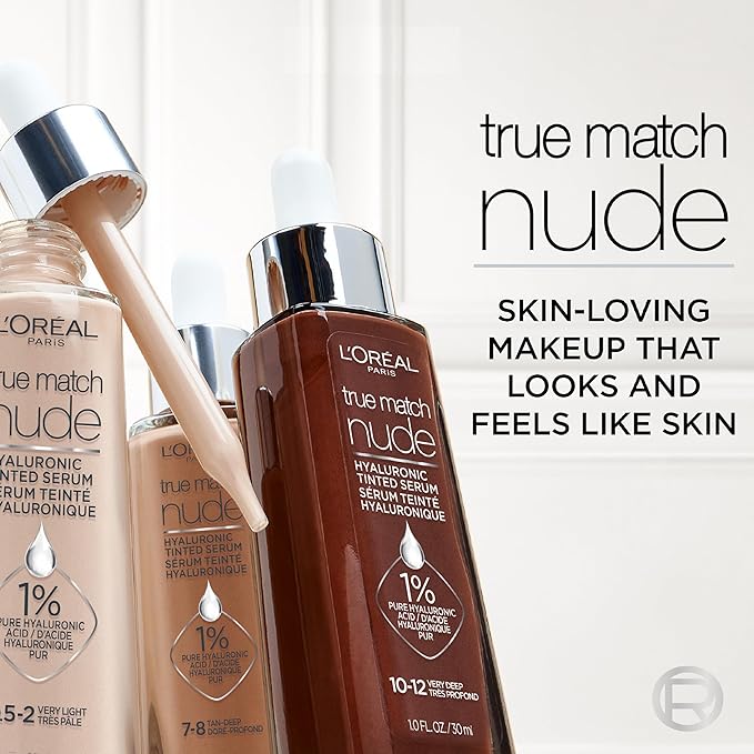 L'Oreal Paris True Match Nude Hyaluronic Tinted Serum Foundation with 1% Hyaluronic acid, Deep 8-10, 1 fl. oz.