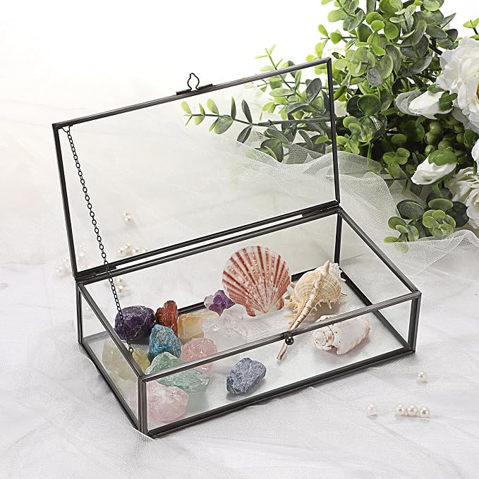 Hipiwe Glass Keepsakes Display Box with Lid - Decorative Black Glass Box | Clear Rectangle Storage for Trinket Perfume Cards Gift