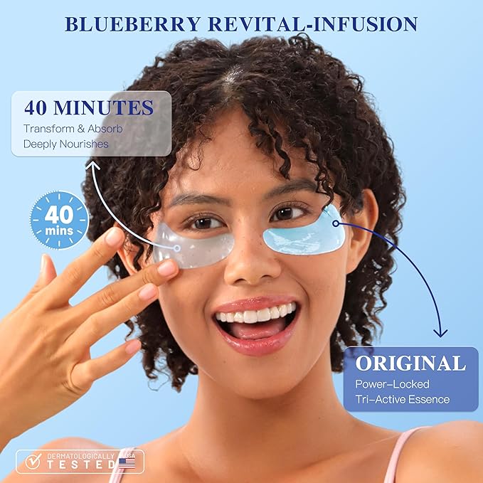 Deep Blue Firming Under Eye Patches for Women - Dark Circle Reduction & Radiance boosting & Skin Resilience Support. Visibly Fades to Clear in 40 Mins, Fully Absorbed in 3Hrs. Blue, 12 Pairs.