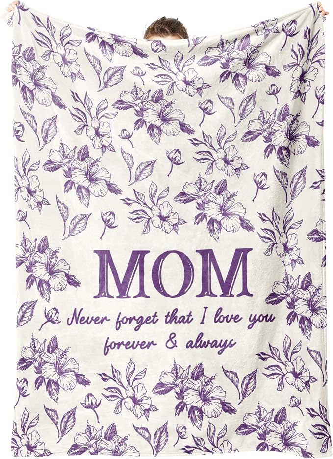 Gifts for Mom, Mom Birthday Gifts from Daughter Son, To My Mom Blanket | I Love You Mom Gifts for Birthday, Christmas, Mothers Day, Blanket for Mom with Hibiscus Flowers Print, 60" x 50", Purple