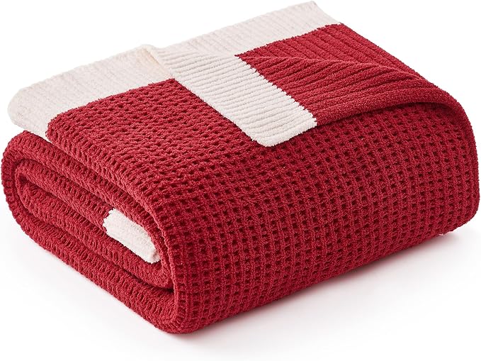 Chenille Throw Blanket, Soft Cozy Waffle Throw for Couch & Sofa, Warm Yet Lightweight, Breathable All-Season Throws for Women Men, Housewarming, Birthdays, 50"x60", Red