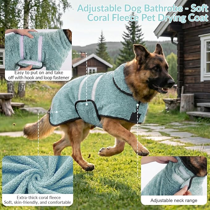 Dog Bathrobe, Super Absorbent for Small to Large Dogs, Light Green XL | Dog Robes with Soft Fleece, Warm & Cozy, Adjustable Fit, and Quick Drying Coat for Baths Swimming and Grooming