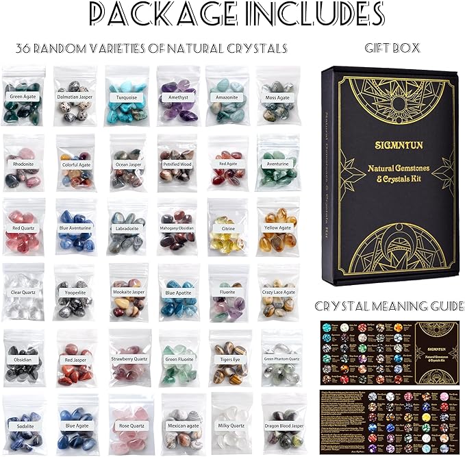 Polished Healing Crystal Stones Set, 36 Different Natural Gemstone Types, 2.5 lbs of 0.5" Tumbled Decorative Rocks Collection for Chakra, Meditation, Reiki, Energy Work, Crafts