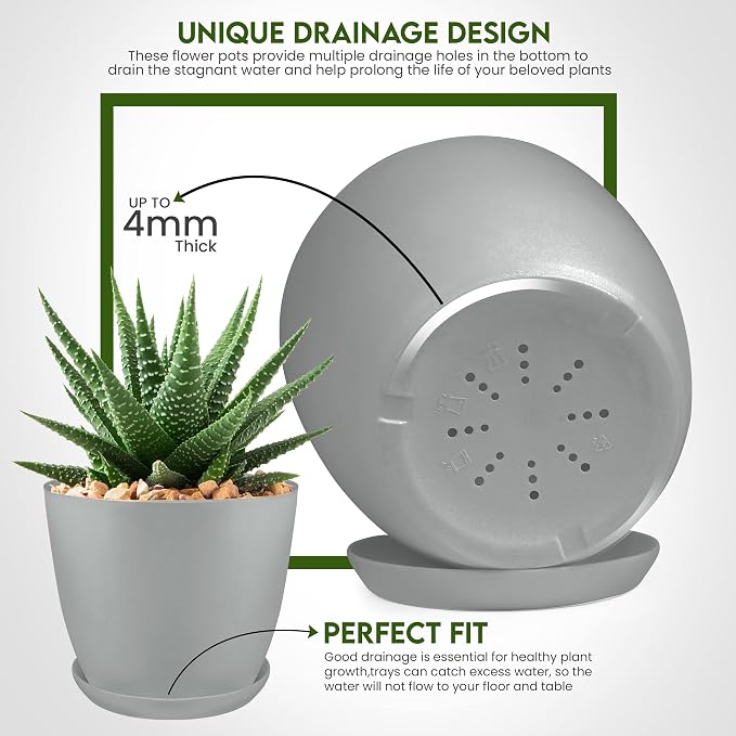 Plant Pots Indoor with Drainage, 5 Pack Multi-Size Planters Set, Grey | Drainage holes included Multiple sizes 7/6.6/6/5.3/4.8 In Indoor plants and flowers Durable plastic construction