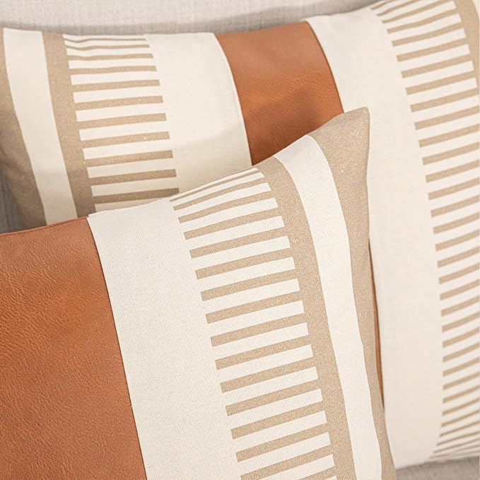 2 Pack 18x18 Inch Pillow Covers - Brown Faux Leather & Tan Stripe Print Soft Canvas Splicing, Same Pattern Both Sides | for Sofa Couch Bed Living Room, Farmhouse Industrial Minimalist Decor