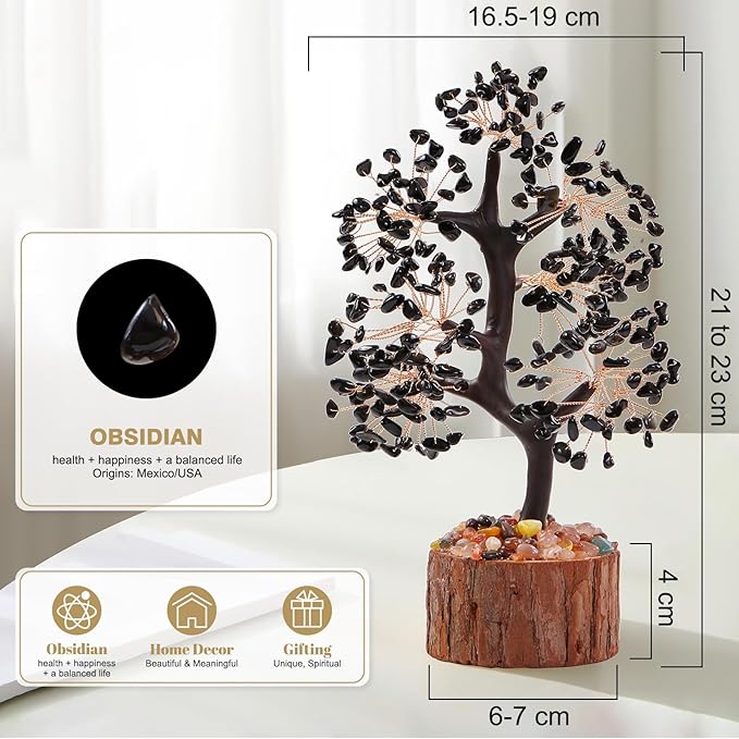 Black Obsidian Crystal Tree of Life Chakra Stone, Birthday Gifts for Women, Mon, for Sister,Feng Shui Office Decor Tree for Postive Energy, Money, Good Luck, Christmas Decor, Spiritual Gifts