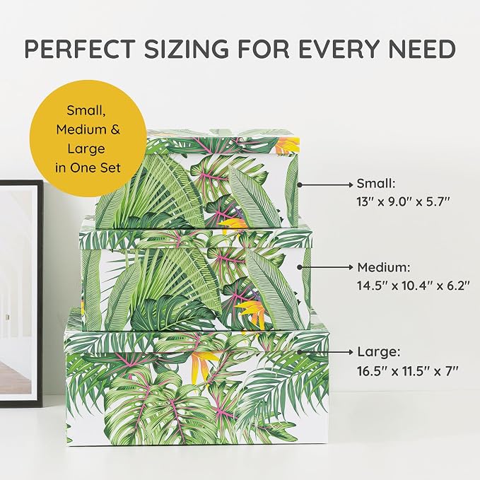 Soul & Lane - Tropical Breeze Decorative Storage Boxes with Lids, Set of 3 | Large Nesting Keepsake Boxes for Photos and Gifts, Green Jungle Leaves Palm Tree Containers, Hawaiian Beach Theme Decor