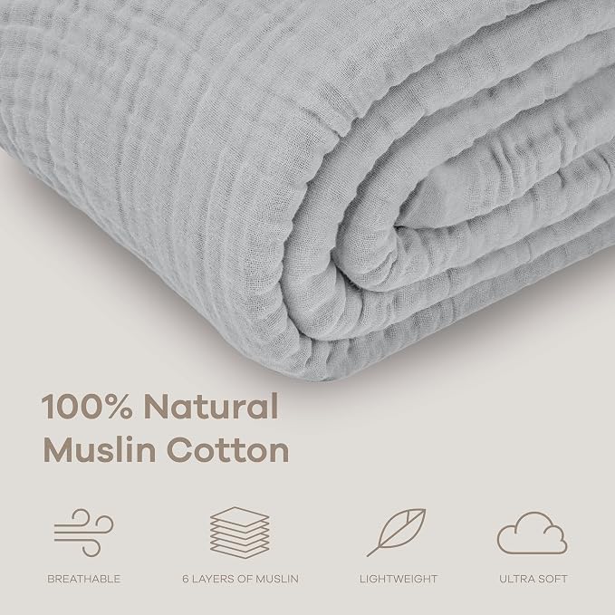 Comfy Cubs Adult Muslin Blanket 50x60” Throw Swaddle Blankets, Heather Blue | 6 Layer Soft, Breathable & Lightweight Muslin Adult Blanket - Machine Washable & Designed in the US Bedding for All Seasons