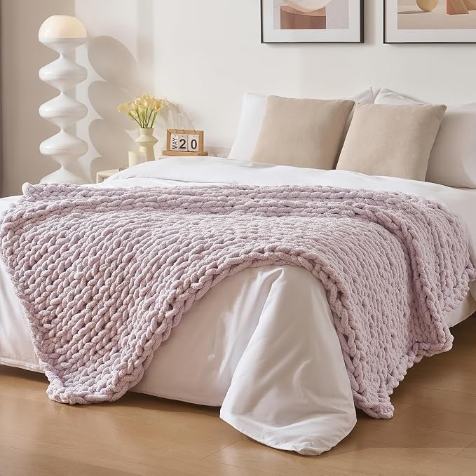 Bigacogo Chunky Knit Throw Blanket for Couch, 51x63 inches, Berry Haze | Hand Knit with Jumbo Chenille, Soft Breathable Cable Knit for Sofa Bed Living Room, Machine Washable, Gift for Mom Friend