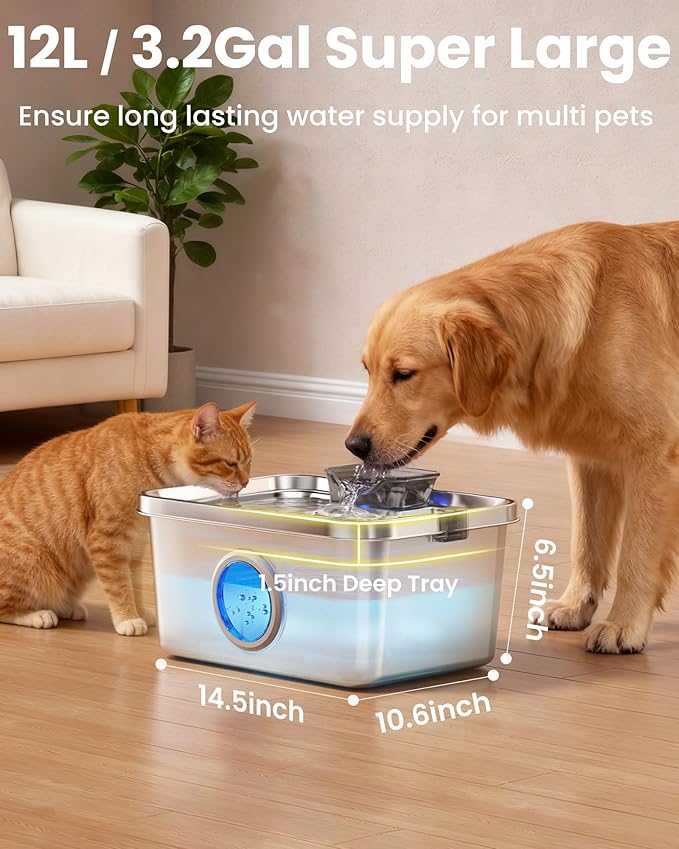 12L Dog Water Fountain, Stainless Steel Pet Water Fountain for Large Dogs Cats Multi-Pet Home, Quiet Dog Fountain Water Bowl with 3 Filters, Visible Window, Wide Deeper Drinking Area, Easy to Clean