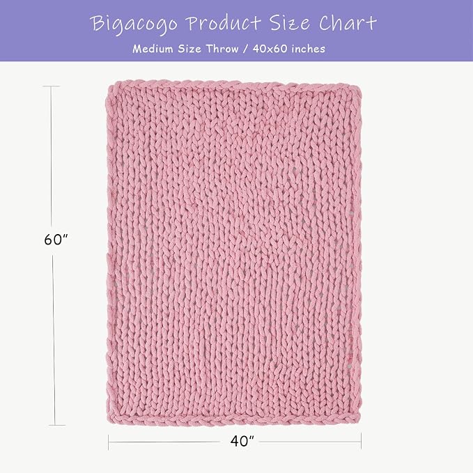 Bigacogo Chunky Knit Throw Blanket for Couch, 40x60 inches, Blush Pink | Hand Knit with Jumbo Chenille, Soft Breathable Cable Knit for Sofa Bed Living Room, Machine Washable, Gift for Mom Friend