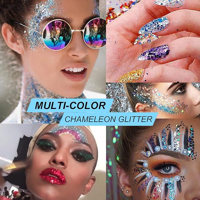 Clear White Face Body Hair Glitter Gel for Women Kids, Changes Color with The Angle and Light, Holographic Mermaid Sequin Sparkling Paint Makeup for Halloween Festival Rave Accessories, 1oz