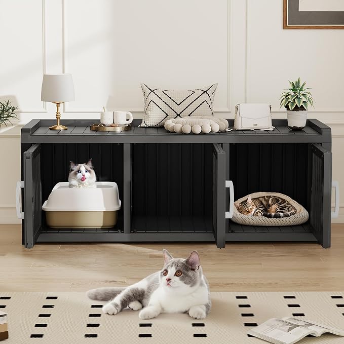 KAMABOKO Cat Litter Box Enclosure Hidden Litter Box Furniture with Door and Window, Multi-Functional Cat Furniture for Living Room Bedroom, Black