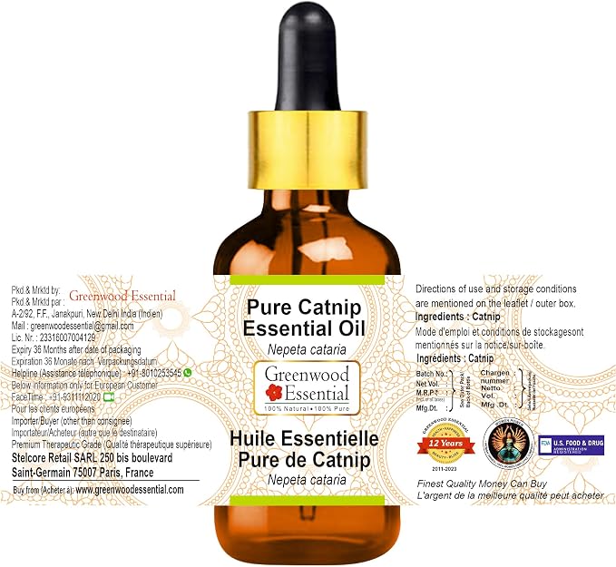 Greenwood Essential Catnip Essential Oil (Nepeta cataria) with Glass Dropper | Pure | Non-Sticky | Non-Greasy | Lightweight | Men & Women | All Skin Types | Steam Distilled 15ml (0.50 oz)