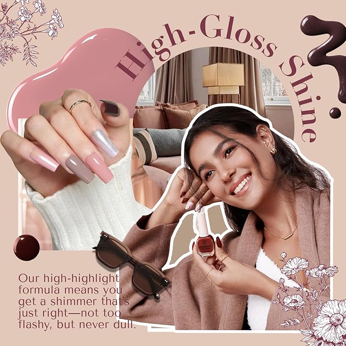 AZUREBEAUTY Nail Polish Set 4 Colors Fall Winter Brown Pink Glitter Nail Polish Quick Dry Natural Nail Lacquer Fingernail Kit with Top Coat DIY
