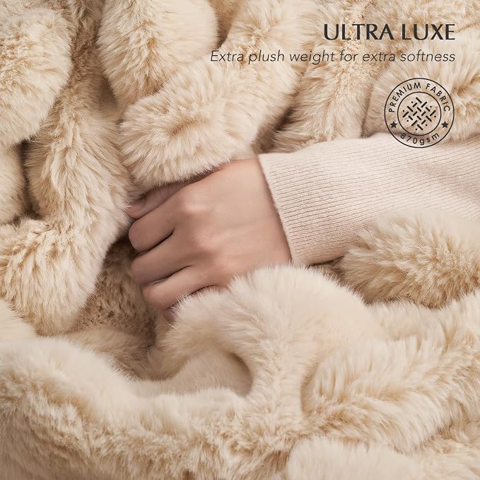 Faux Rabbit Fur Bubble Throw Blanket, 90"x90", Cream | Ultra Soft, Luxury Faux Rabbit Fur Throw, Thick Warm Bubble Blanket, Cozy Fluffy Reversible, for Bed, Couch, Chair, Sofa