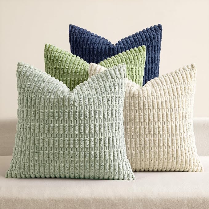 MIULEE Set of 4 Soft Corduroy Throw Pillow Covers Green Blue 18x18 Inch | Modern Farmhouse Boho Decorative pillows,Accent Cushion Covers for Couch,Sofa,Bedroom