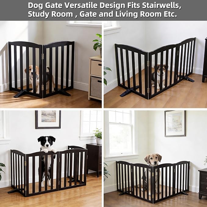 ZJSF Foldable Freestanding Indoor Dog Gate for House Wood Long Pet Gates Dog Fence for Stairs Puppy Gates for Hallways, Puppy Gate,Support Feet Included, Black, 24 "Height-2 Panels