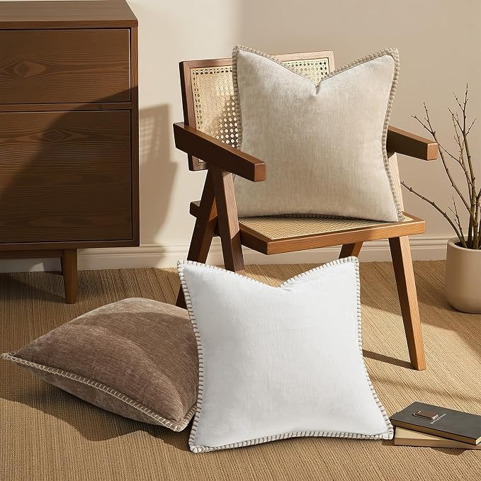 decorUhome Soft Chenille Throw Pillow Covers 20x20 Set of 2 Brown | Fall Textured Decorative Throw Pillow Cases Stitched Edge Modern Farmhouse Luxury Boho Velvet for Couch Sofa Bed Home Decor