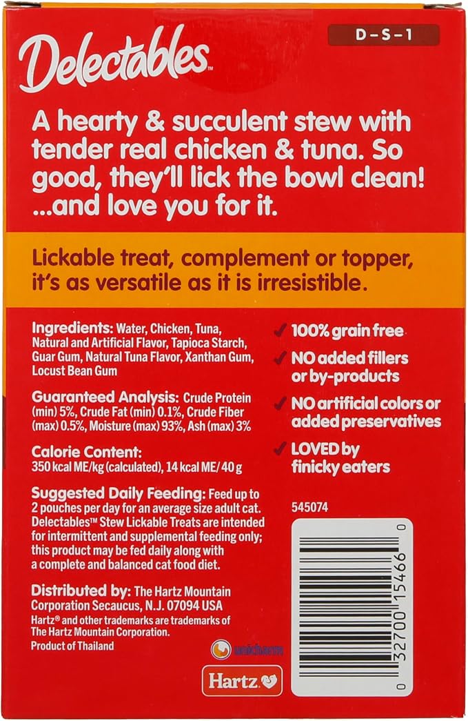 Delectables Lickable Treat Stew Chicken & Tuna, Food Topper, Hydrating, Grain-Free, No Fillers, No by-Products, No Added Preservatives, 1.4oz Pouch, 30 Count