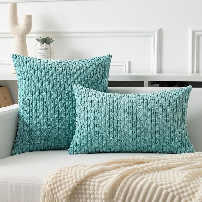 Kevin Textile Soft Corduroy 12"x20" Lumbar Pillow Cover 1 Pack, Aqua Green | Boho Stripe Plush Corduroy Decorative Oblong Cushion Cover Modern Farmhouse Home Decor for Sofa Couch Bed Chair
