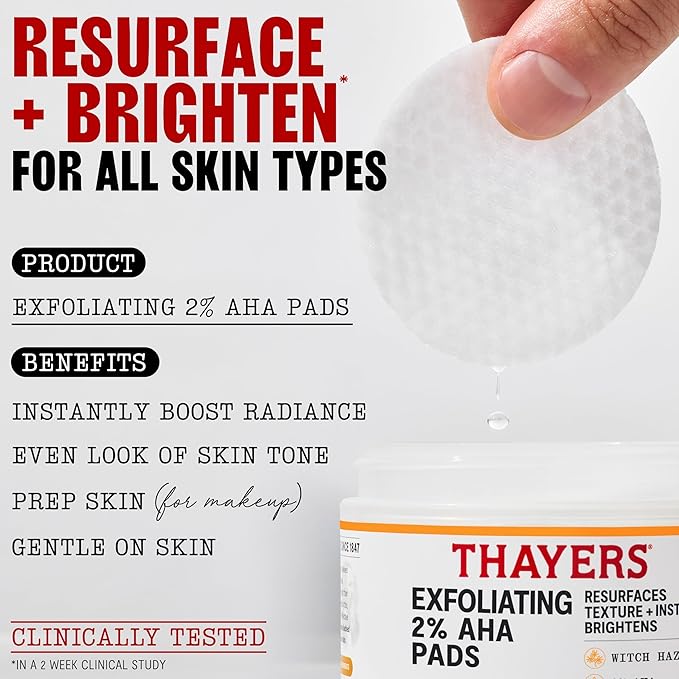 Thayers Exfoliating 2% AHA Toner Pads, Dual-Sided Exfoliating Pads with Witch Hazel, Glycolic Acid and Lactic Acid to Resurface Skin Texture and Instantly Brighten, For All Skin Types, 60 Count