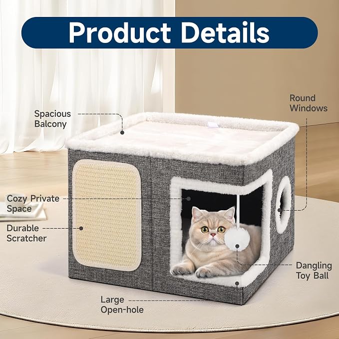 Shikha Cat House Bed for Indoor Cats with Fluffy Ball and Scratch Pad Grey | Foldable Large Cat Cave Hideaway with Cozy Condo, Hide and Seek Window, Holds Up to 30LBS, All Season Reversible Cushion