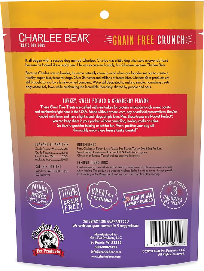 Charlee Bear Grain Free Dog Treats, Turkey, Sweet Potato & Apple, 8 oz | Pocket-sized Dog Training Treats, Crunchy Dog Treats, Limited Ingredient Recipe, Under 3 Calories per Treat, Made in USA