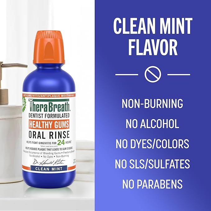 TheraBreath Healthy Gums Oral Rinse, Antigingivitis, Clean Mint Flavor, Dentist Formulated to Help Prevent Gingivitis and Support Gum Health, Alcohol Free, 1 Liter